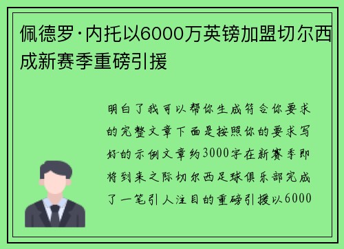 佩德罗·内托以6000万英镑加盟切尔西成新赛季重磅引援
